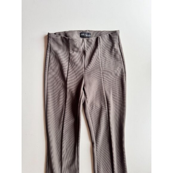 ZARA Grey Taupe Stretch Ribbed Knit Flared Front Hem Slit Pants, Size S - Picture 2 of 15